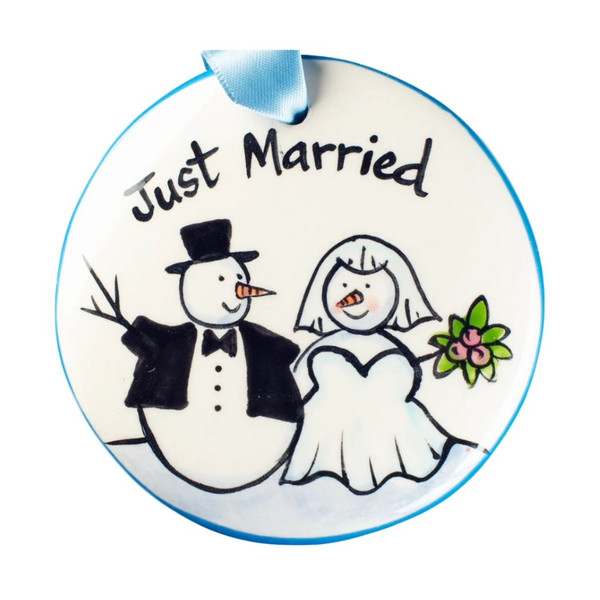 Nola Watkins Just Married Snow Couple Hand Painted Ornament