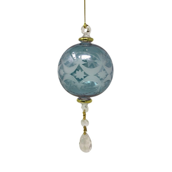 Egyptian Museum Glass Blue Etched Ball with Crystal Drop Ornament