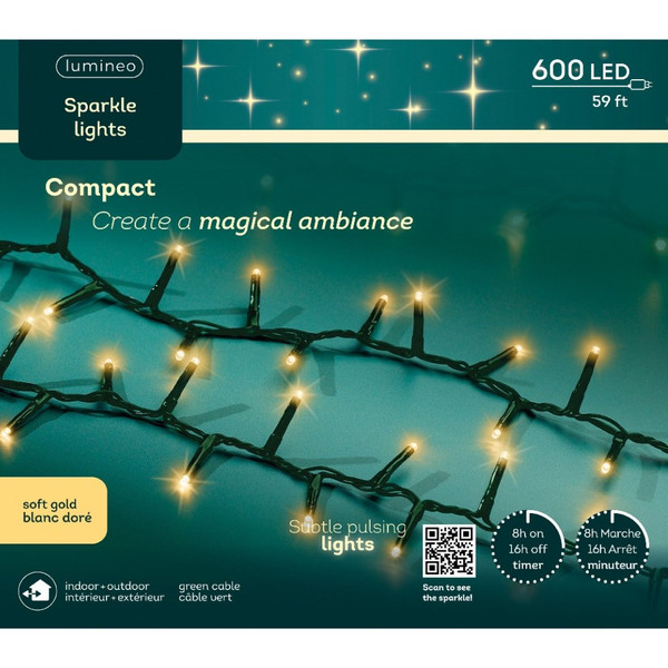 Lumineo 600 Soft Gold LED Sparkle Lights – Green Wire