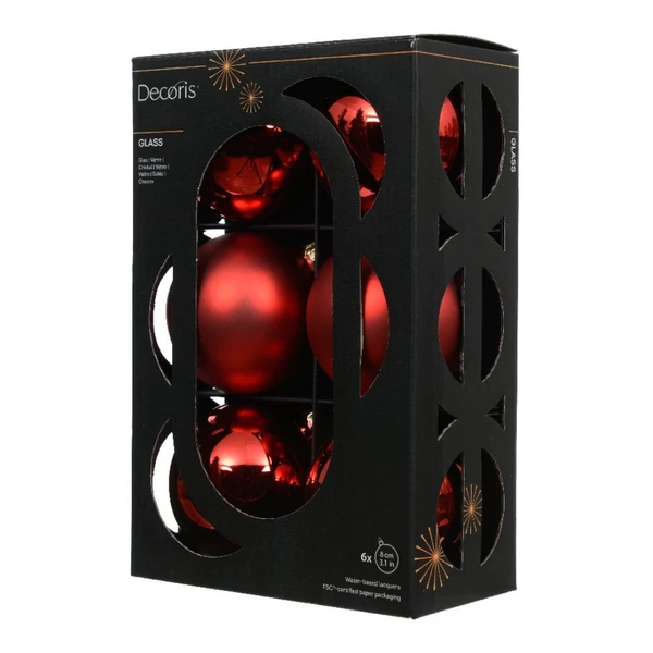 Set of 6 Christmas Red Matte And Shiny Glass Ball Ornaments
