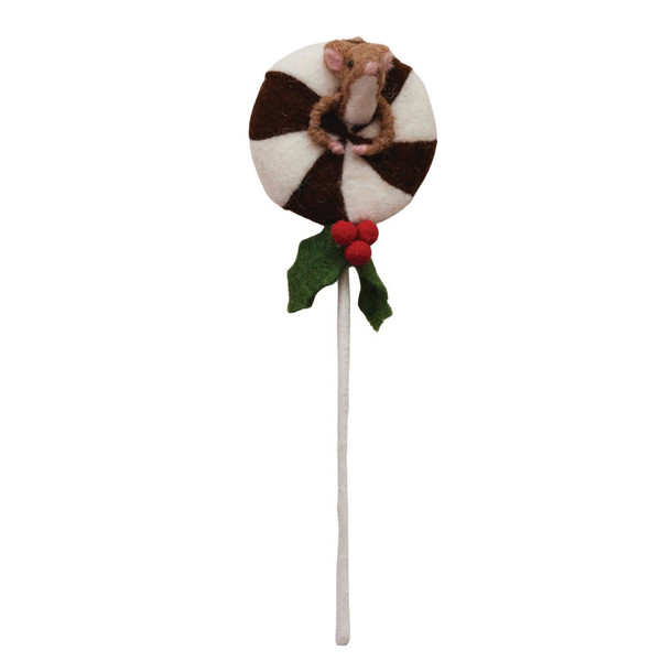 Handmade Wool Felt Lollipop with Mouse & Holly – Black | 4.25 inches Pick