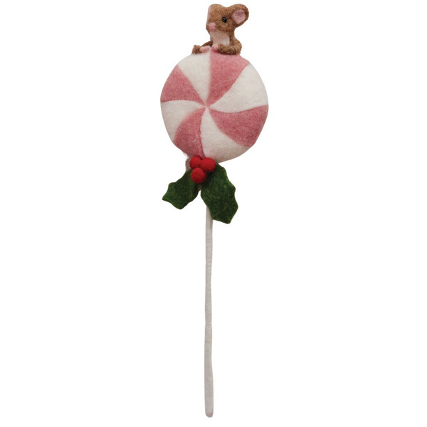 Handmade Wool Felt Lollipop with Mouse & Holly – Pink | 4.25 inches Pick