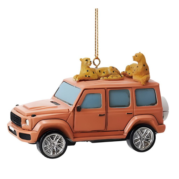 Safari Vehicle with Cheetahs Ornament – Orange Resin | 4 Inch