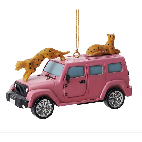Safari Vehicle with Cheetahs Ornament – Pink Resin | 4 Inch