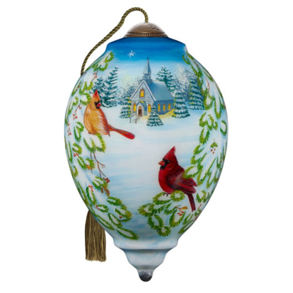 Ne’Qwa Art Cardinal Couple Ornament with Church Scene – 5.5 Inch Hand‑Blown Glass