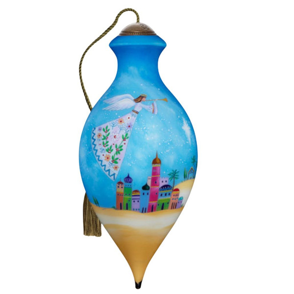 Ne’Qwa Art Floral Angel Flying Over City Glass Ornament – 7 Inch