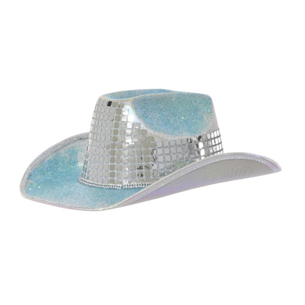Blue Glitter Cowboy Hat with Silver Sequin Band | 10 Inch Decor