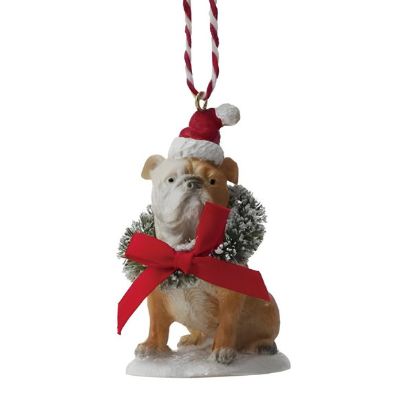 Bulldog Dog Ornament with Bottle Brush Wreath | 3 Inch