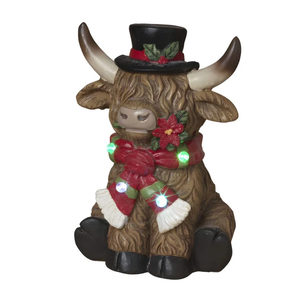 Lighted Holiday Highland Cow with Black Hat | 14 Inch Décor