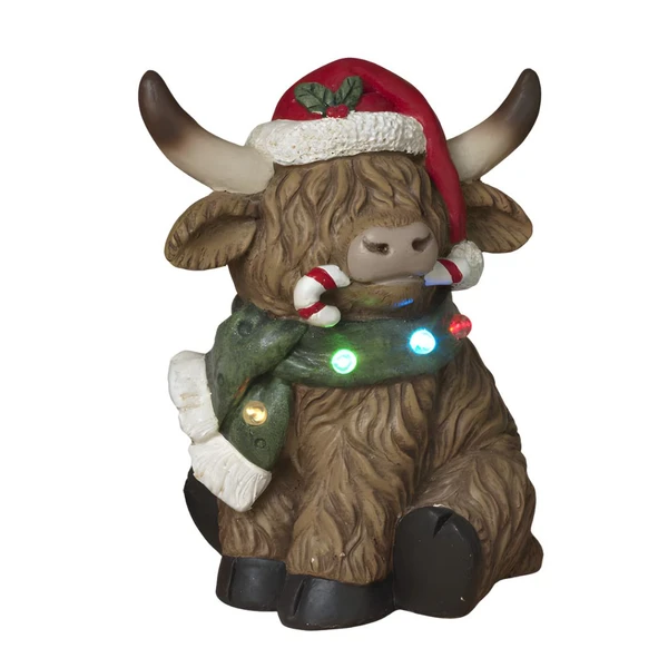 Lighted Holiday Highland Cow with Red Hat | 14 Inch