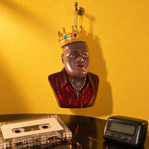 Cody Foster Notorious B.I.G. Ornament – glass Christmas ornament styled in a fun, eclectic home scene