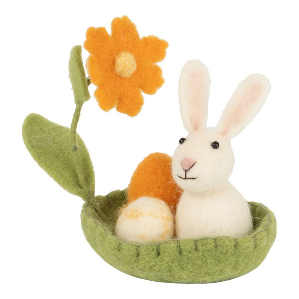 Felt Bunny in Green Basket Figurine | 5 Inch