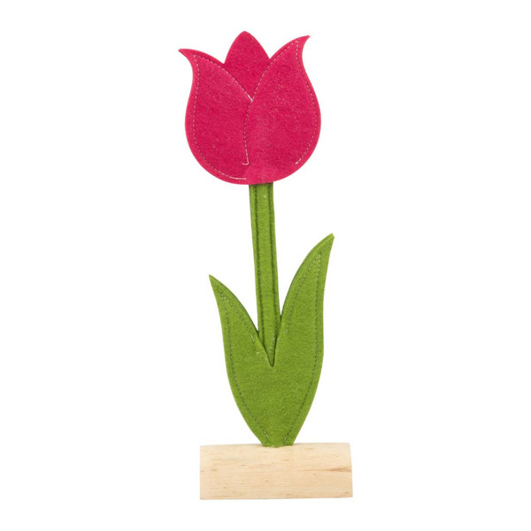 Small Fuchsia Felt Tulip on Wood Base Figurine | 12 inch