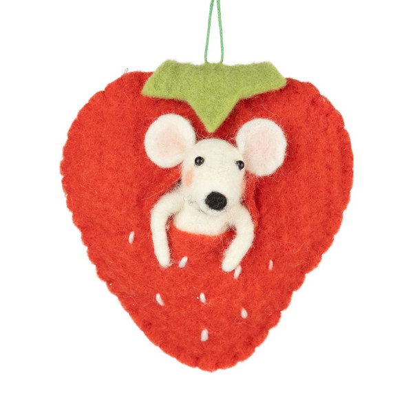 Felt Mouse in Strawberry Ornament | 5 Inch