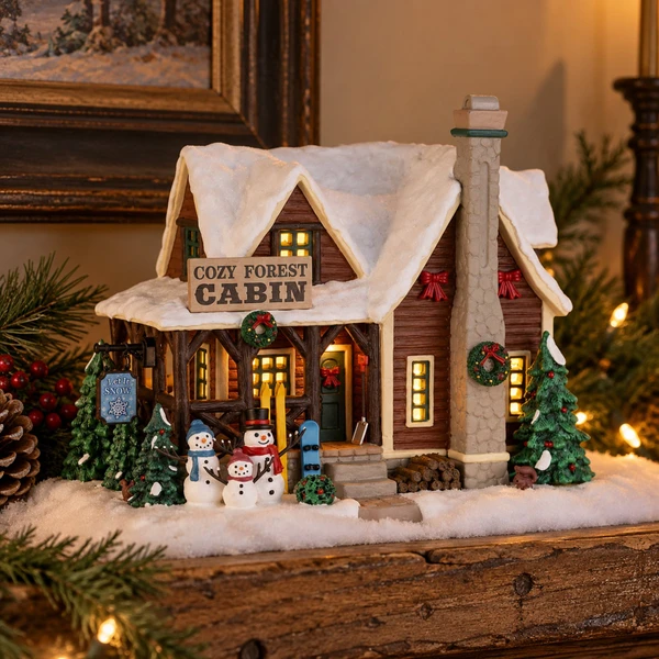 Lemax Vail Village Cozy Forest Cabin – collectible Christmas village piece displayed in a cosy home