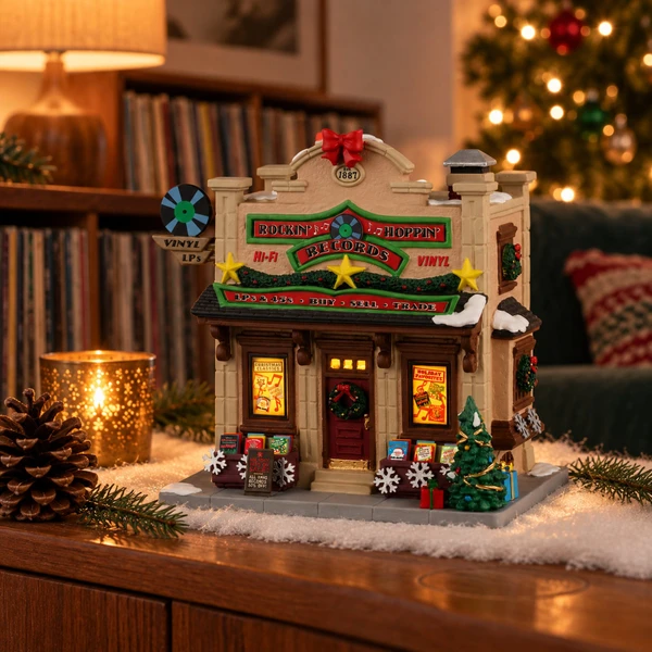Lemax Rockin’ Hoppin’ Records – collectible Christmas village piece displayed in a cosy home