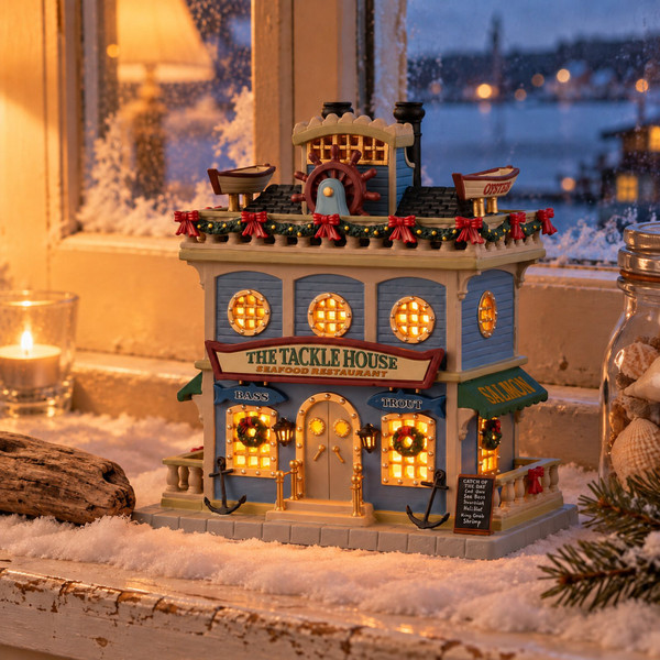 Lemax Caddington Tackle House Seafood Restaurant – collectible Christmas village piece displayed in a cosy home