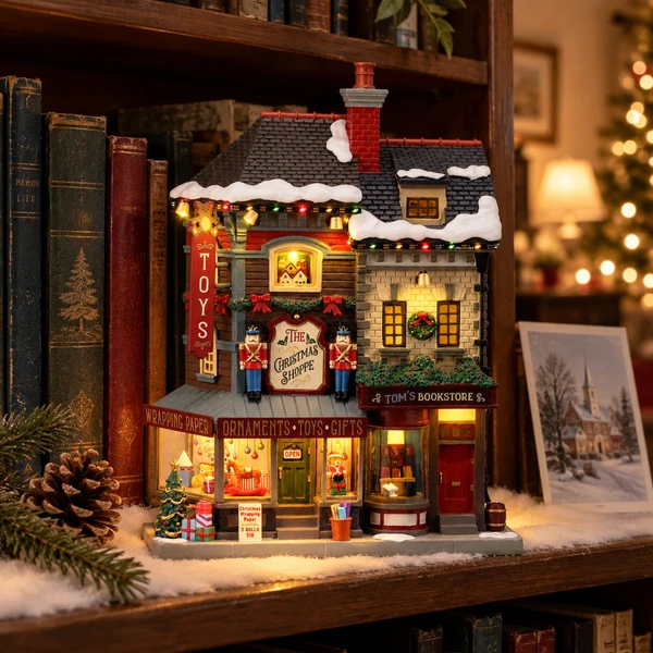 Lemax The Christmas Shoppe Facade – collectible Christmas village piece displayed in a cosy home