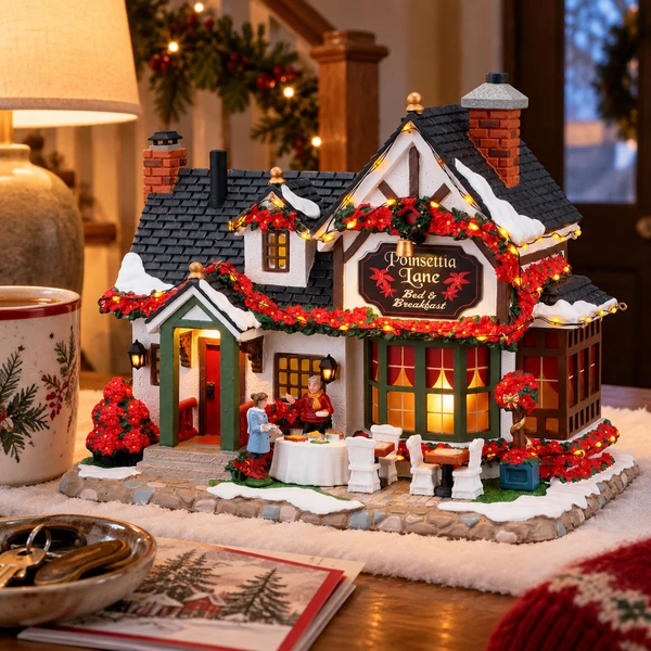 Lemax Poinsettia Lane Bed and Breakfast – collectible Christmas village piece displayed in a cosy home