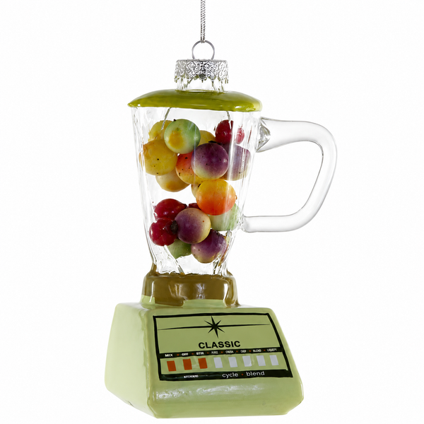 Glass vintage blender ornament with pale base, green lid, and clear pitcher.
Retro kitchen Christmas ornament with colorful fruit inside the blender jar.
5 inch glass food and kitchen ornament with silver hanging cord.