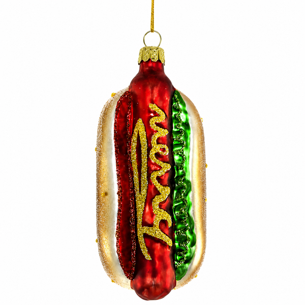 Glass festive hotdog ornament with bun and colorful glittered toppings.
Food Christmas ornament shaped like a hotdog with ketchup, mustard, and relish details.
4 inch glass hotdog ornament with gold hanging cord.