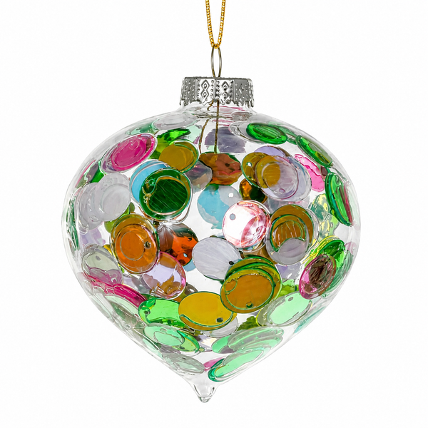 Clear glass bauble ornament filled with colorful sequin-like circles.
Sparkling round hanging ornament with pastel green, pink, gold, and blue accents.
3.25 inch Sequin Bauble glass ornament
