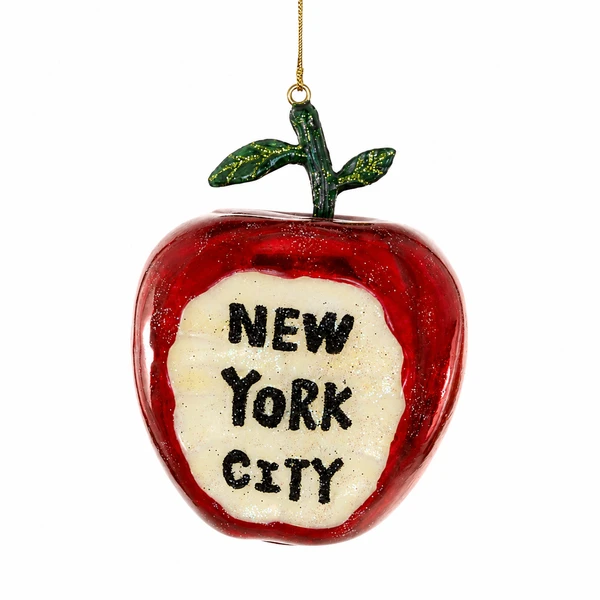 Red glass apple ornament with green stem and leaves.
The Big Apple ornament with “New York City” text on the front.
2.5 x 2.75 x 3.5 inch glass travel-themed hanging ornament.