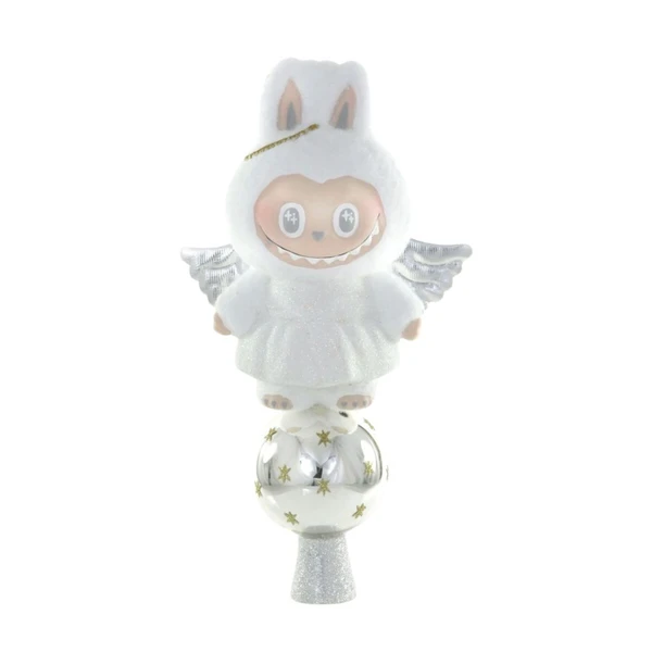 Fuzzy monster angel tree topper with white outfit, silver wings, and smiling face.
Glass tree topper with playful monster angel figure and star-detailed round base.
Fuzzy monster angel tree topper measuring 2.5 x 3.5 x 10.5 inches.