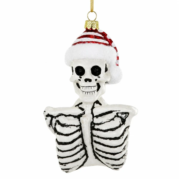 Glass skeleton Christmas ornament wearing a red-and-white Santa hat.
White skeleton bust ornament with black ribcage details and glitter accents.
Spooky novelty Christmas ornament with skull face, Santa hat, and gold hanging cord.