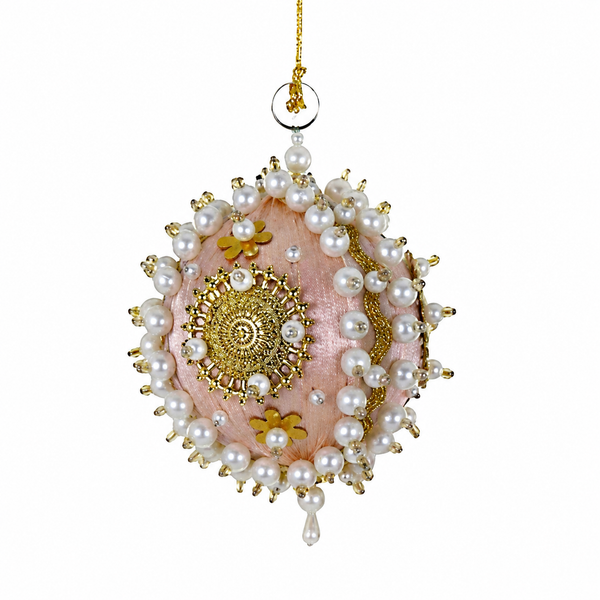 Light pink pearled satin bauble ornament with pearl-like beads, gold trim, and sequin details.
Round pastel Christmas ornament with ornate gold center accents and hanging cord.
Light Pink Pearled Satin Bauble ornament measuring 3.5 inches.