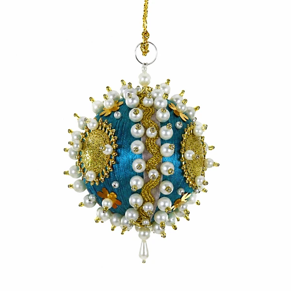 Dark blue pearled satin bauble ornament with pearl-like beads, gold trim, and sequin details.
Round dark blue Christmas ornament with ornate gold accents and hanging cord.
Dark Blue Pearled Satin Bauble ornament measuring 3.5 inches
