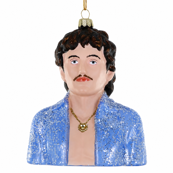 Benson Boone glass ornament with portrait-style face and dark hair.
Hanging glass figure ornament wearing a glittery light blue jacket.
Portrait-style glass ornament measuring 3.5 x 2 x 4 inches.