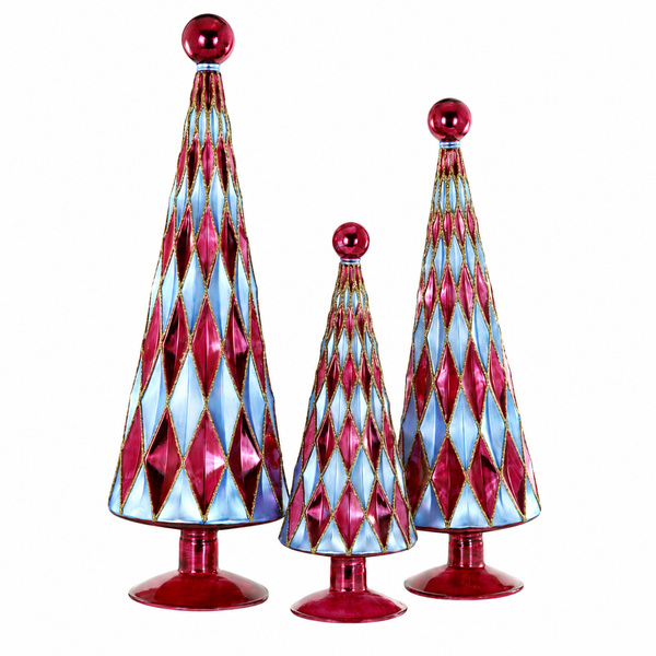 Set of three glass diamond Christmas trees in lapis blue and burgundy.
Faceted tabletop trees with burgundy pedestal bases, ball toppers, and gold trim.
Graduated mid-century holiday tree set ranging from 9.5 to 15 inches tall.