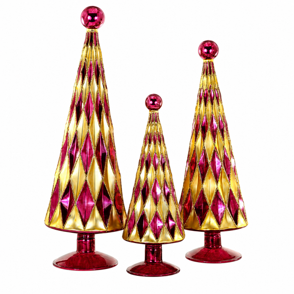Set of three glass diamond Christmas trees in straw gold and maroon.
Faceted tabletop trees with maroon pedestal bases, ball toppers, and gold trim.
Graduated mid-century holiday tree set ranging from 9.5 to 15 inches tall.