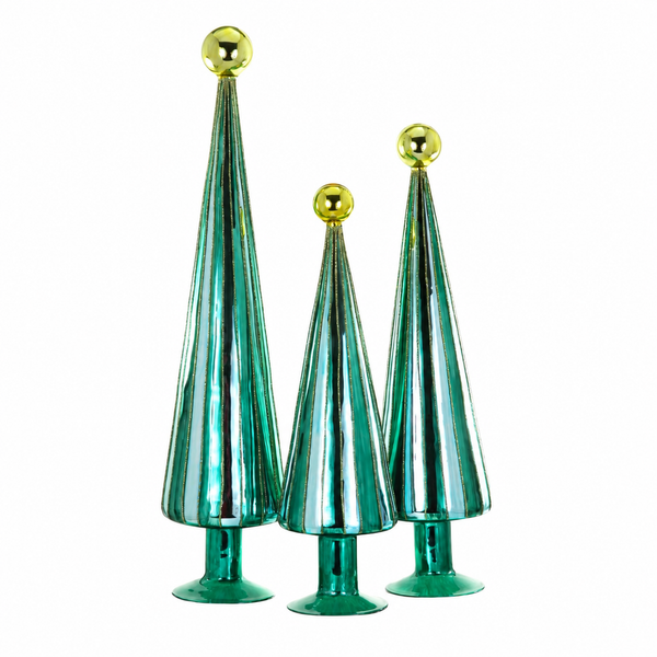 Set of three aqua teal glass carnival trees with gold ball toppers.
Reflective ribbed glass cone trees in varied heights on pedestal bases.
Decorative glass Christmas tree trio ranging from 13.5 to 19 inches.