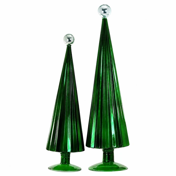 Set of two juniper green pleated glass Christmas trees with pale blue ball toppers.
Large glossy cone-shaped glass trees with vertical ribbing and pedestal bases.
Decorative Juniper Sky glass tree set ranging from 18 to 21.75 inches.