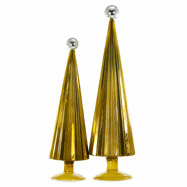 Set of two moss aqua pleated Christmas trees with silvery ball toppers.
Large glossy cone-shaped trees with vertical ribbing and pedestal bases.
Decorative Moss Aqua tree set ranging from 18 to 21.75 inches.