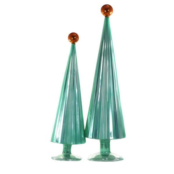 Set of two mint pleated glass Christmas trees with orange ball toppers.
Large glossy cone-shaped glass trees with vertical ribbing and pedestal bases.
Decorative Mint Orange glass tree set ranging from 18 to 21.75 inches.