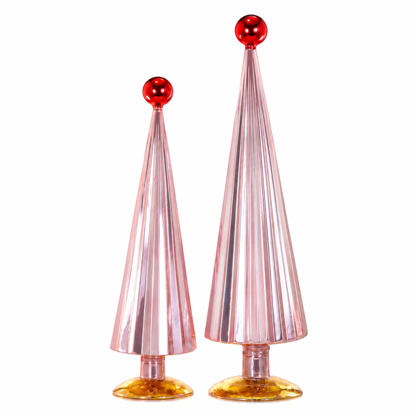 Set of two pink pleated glass Christmas trees with red ball toppers.
Large glossy cone-shaped glass trees with vertical ribbing and pedestal bases.
Decorative Pink Red glass tree set ranging from 18 to 21.75 inches.