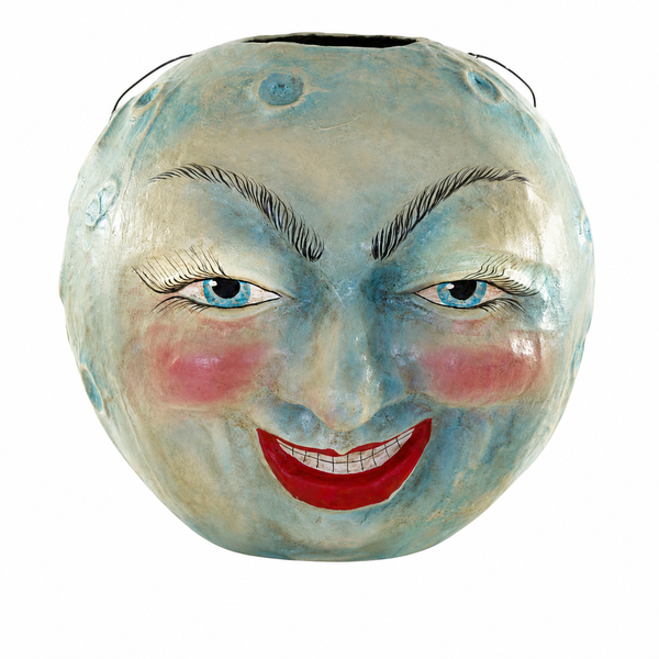 Paper mache Haunting Harvest candy bucket with blue-green painted face and red smile.
Round Halloween candy bucket with arched brows, rosy cheeks, and open top.
10 x 10 inch paper mache candy bucket for wrapped treats and spooky displays.