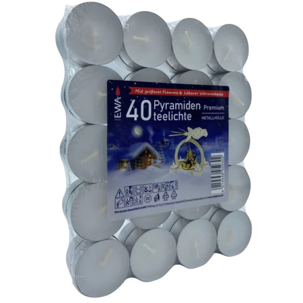 Pack of white t-light candles with blue holiday label
Wax t-light candles arranged in clear packaging
 pyramid t-light candle pack for holiday displays