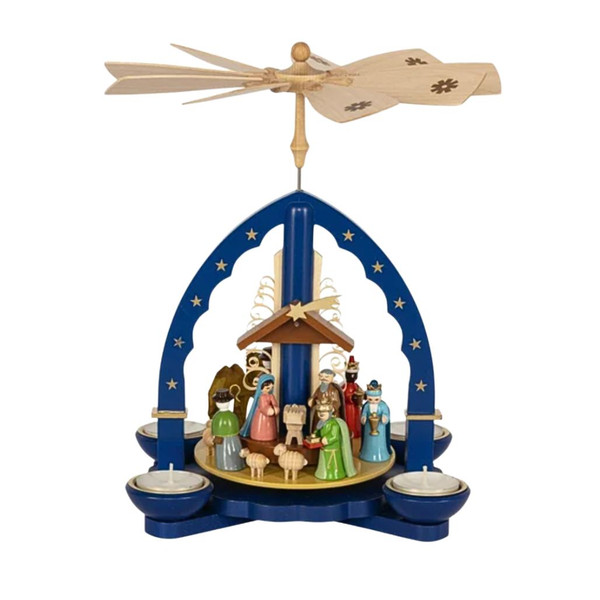 Colorful wooden Nativity pyramid with Three Holy Kings and blue arch.
Richard Glaesser German Christmas pyramid with tealight holders and spinning fan.
10.6-inch wood Nativity candle pyramid made in Germany.