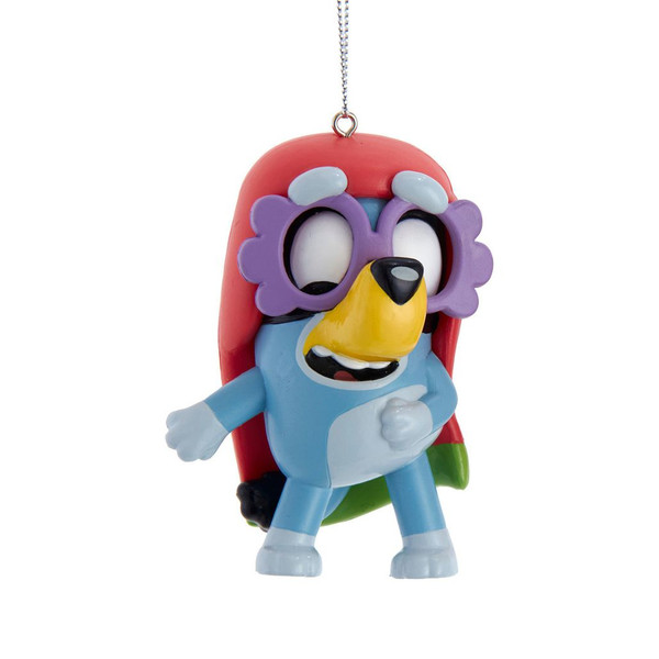 Bingo Granny Rita Bluey ornament with lavender shawl and silver hanging cord
Small painted plastic Bingo character ornament from the show Bluey
Kurt Adler Bluey Bingo Granny Rita ornament with colorful mica details