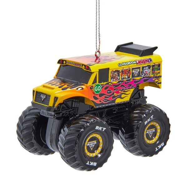 Officially licensed Monster Jam Classroom Crusher ornament with oversized black tires and yellow truck body.
3.5-inch monster truck Christmas ornament featuring flame graphics and detailed wheels.
Plastic Monster Jam holiday ornament by Kurt Adler with hanging cord attached.