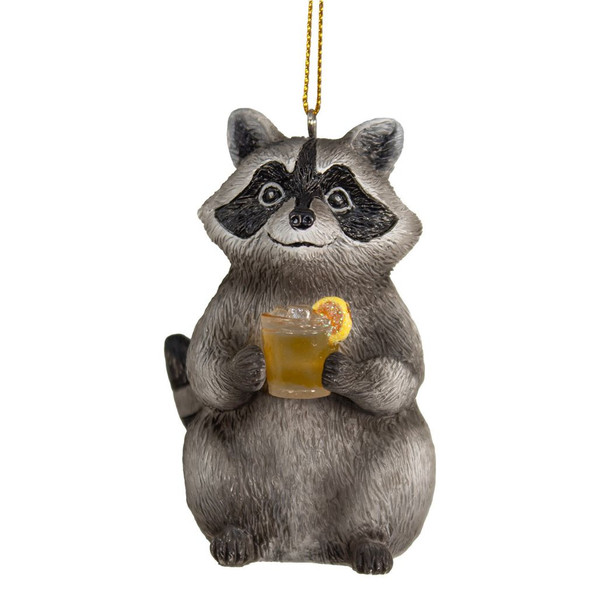 Raccoon ornament holding a cocktail with citrus garnish.
3.6-inch resin raccoon Christmas ornament with painted gray fur.
Kurt Adler animal ornament with gold hanging cord.