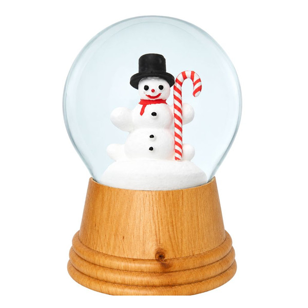 Glass snow globe with snowman holding a candy cane and wooden base.
Real Viennese snowman snow globe with red scarf and candy cane detail.
5-inch Austrian snow globe made with wood and glass.
