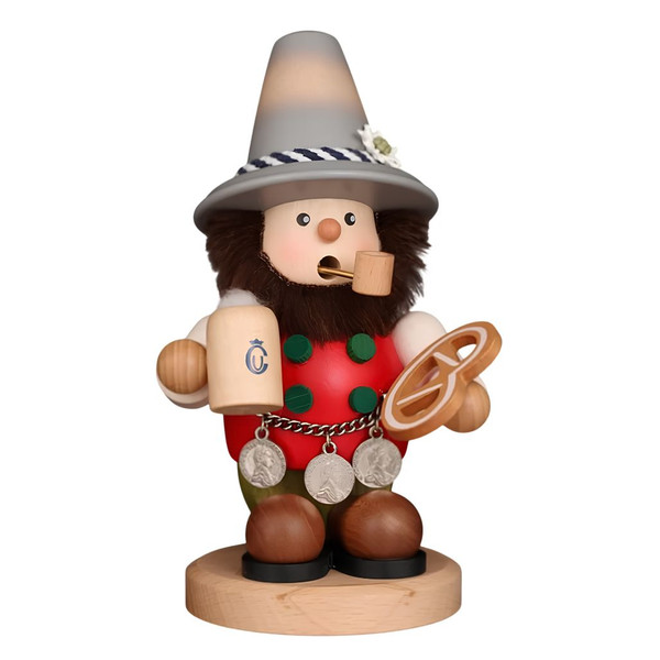 Christian Ulbricht Bavarian smoker holding a beer and pretzel.
Wood German incense smoker with pipe, hat, red vest, and coin belt.
6.7 inch wood Bavarian smoker on round wooden base.