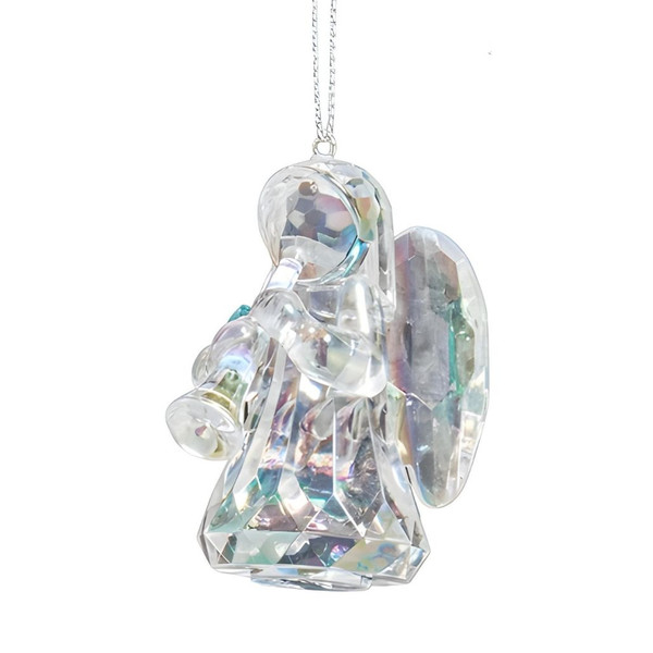 Opalescent acrylic angel ornament holding a horn with faceted crystal-like detailing.
2.5-inch iridescent angel Christmas ornament with translucent wings and horn.
Kurt Adler angel with horn ornament made of acrylic.