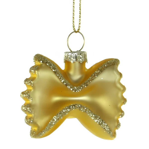 Gold glass bow-tie pasta Christmas ornament with glittered edges.
Small pasta-shaped ornament with gold hanging cord.
Glass pasta ornament measuring 2 x .75 x 1.5 inches.