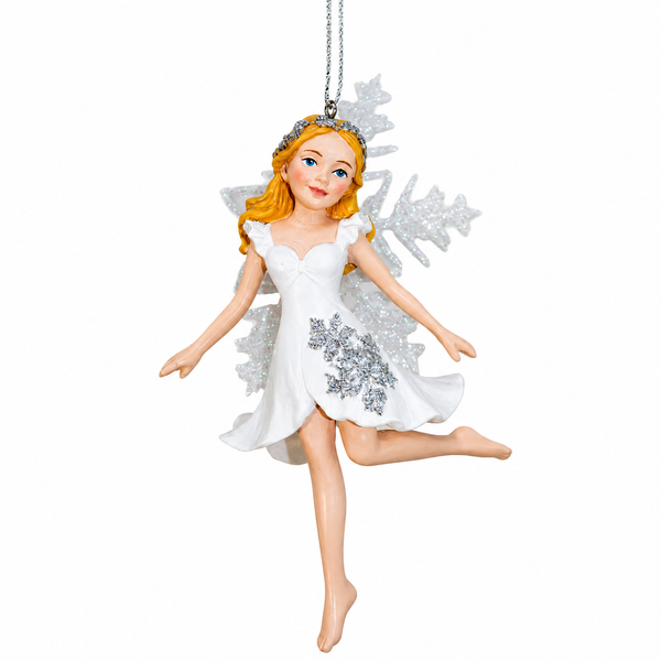 Blonde fairy ornament with silver accents and snowflake wings
White and silver fairy Christmas ornament with blonde hair
4.75-inch resin and plastic fairy ornament for winter décor
